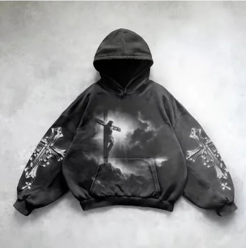 ℭ𝔥𝔯𝔬𝔪𝔢 𝔠𝔯𝔬𝔰𝔰 Urban Vibe Hooded Y2K Streetwear Sweatshirt